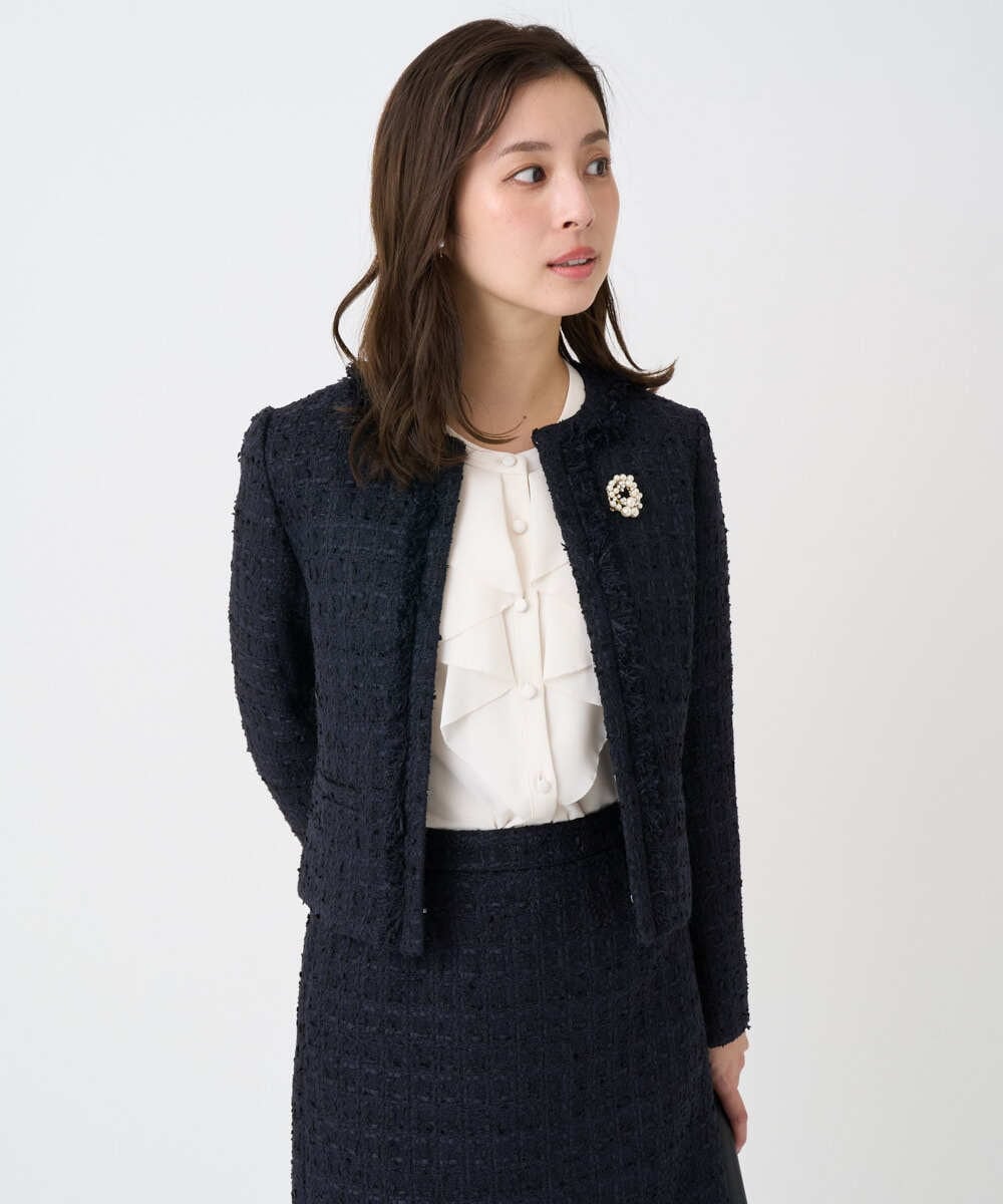 F1DFD65330 MK MICHEL KLEIN(小さいサイズ)(メゾン ドゥ サンク) 【小さいサイズ】ノーカラーファンシーツイードジャケット/セットアップ対応/洗える アイボリー