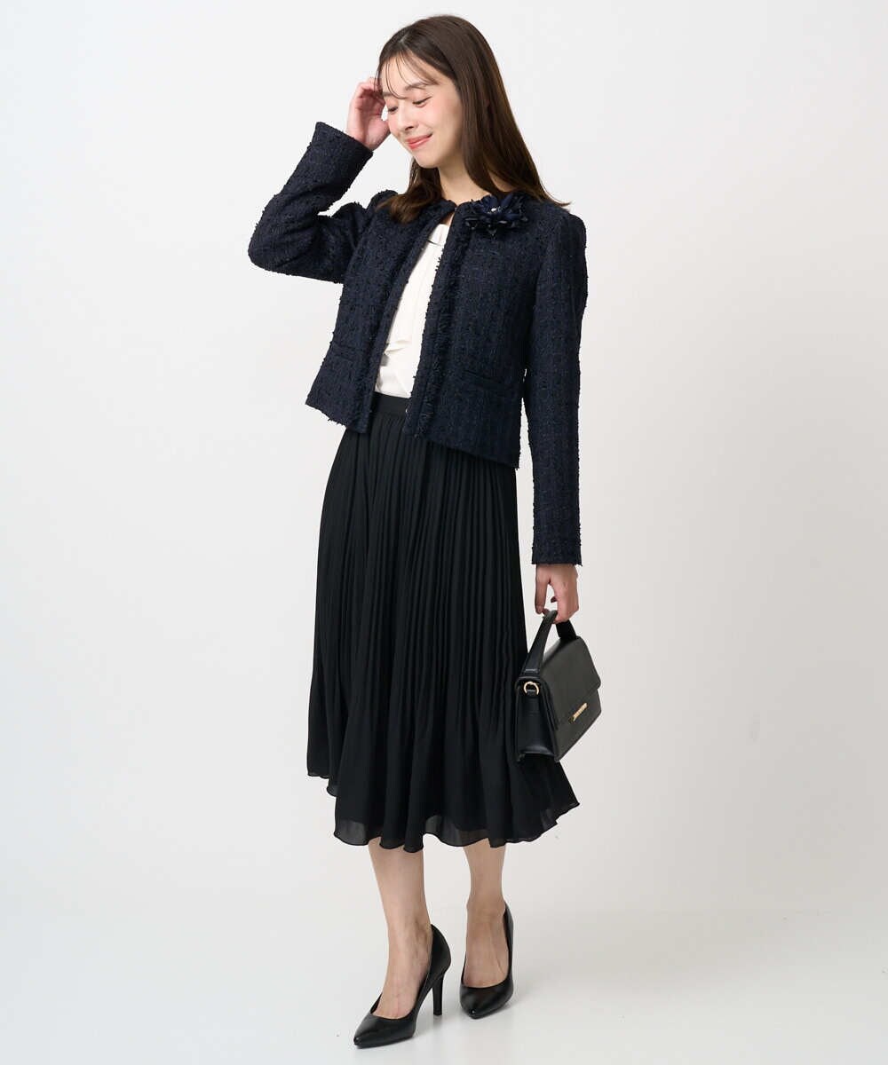 F1DFD65330 MK MICHEL KLEIN(小さいサイズ)(メゾン ドゥ サンク) 【小さいサイズ】ノーカラーファンシーツイードジャケット/セットアップ対応/洗える アイボリー