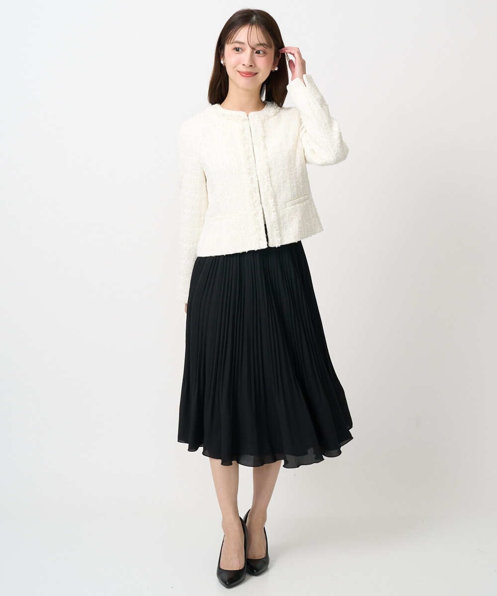 F1DFD65330 MK MICHEL KLEIN(小さいサイズ)(メゾン ドゥ サンク) 【小さいサイズ】ノーカラーファンシーツイードジャケット/セットアップ対応/洗える アイボリー