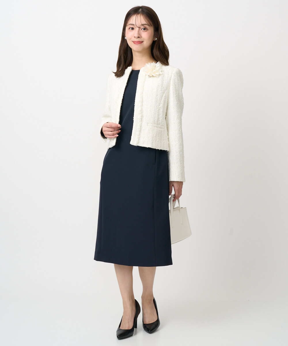 F1DFD65330 MK MICHEL KLEIN(小さいサイズ)(メゾン ドゥ サンク) 【小さいサイズ】ノーカラーファンシーツイードジャケット/セットアップ対応/洗える アイボリー