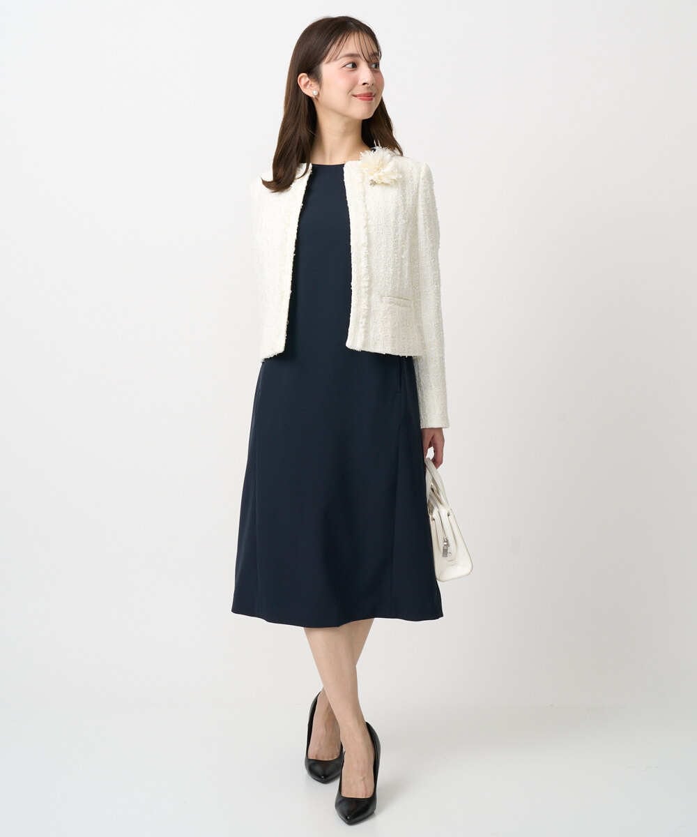 F1DFD65330 MK MICHEL KLEIN(小さいサイズ)(メゾン ドゥ サンク) 【小さいサイズ】ノーカラーファンシーツイードジャケット/セットアップ対応/洗える アイボリー