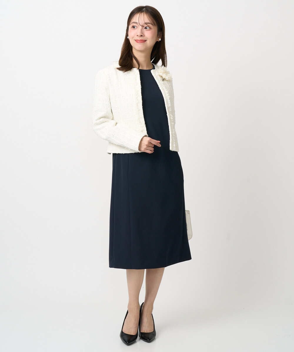 F1DFD65330 MK MICHEL KLEIN(小さいサイズ)(メゾン ドゥ サンク) 【小さいサイズ】ノーカラーファンシーツイードジャケット/セットアップ対応/洗える アイボリー