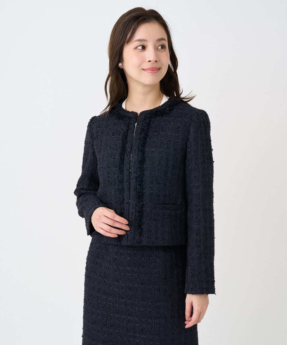 F1DFD65330 MK MICHEL KLEIN(小さいサイズ)(メゾン ドゥ サンク) 【小さいサイズ】ノーカラーファンシーツイードジャケット/セットアップ対応/洗える アイボリー