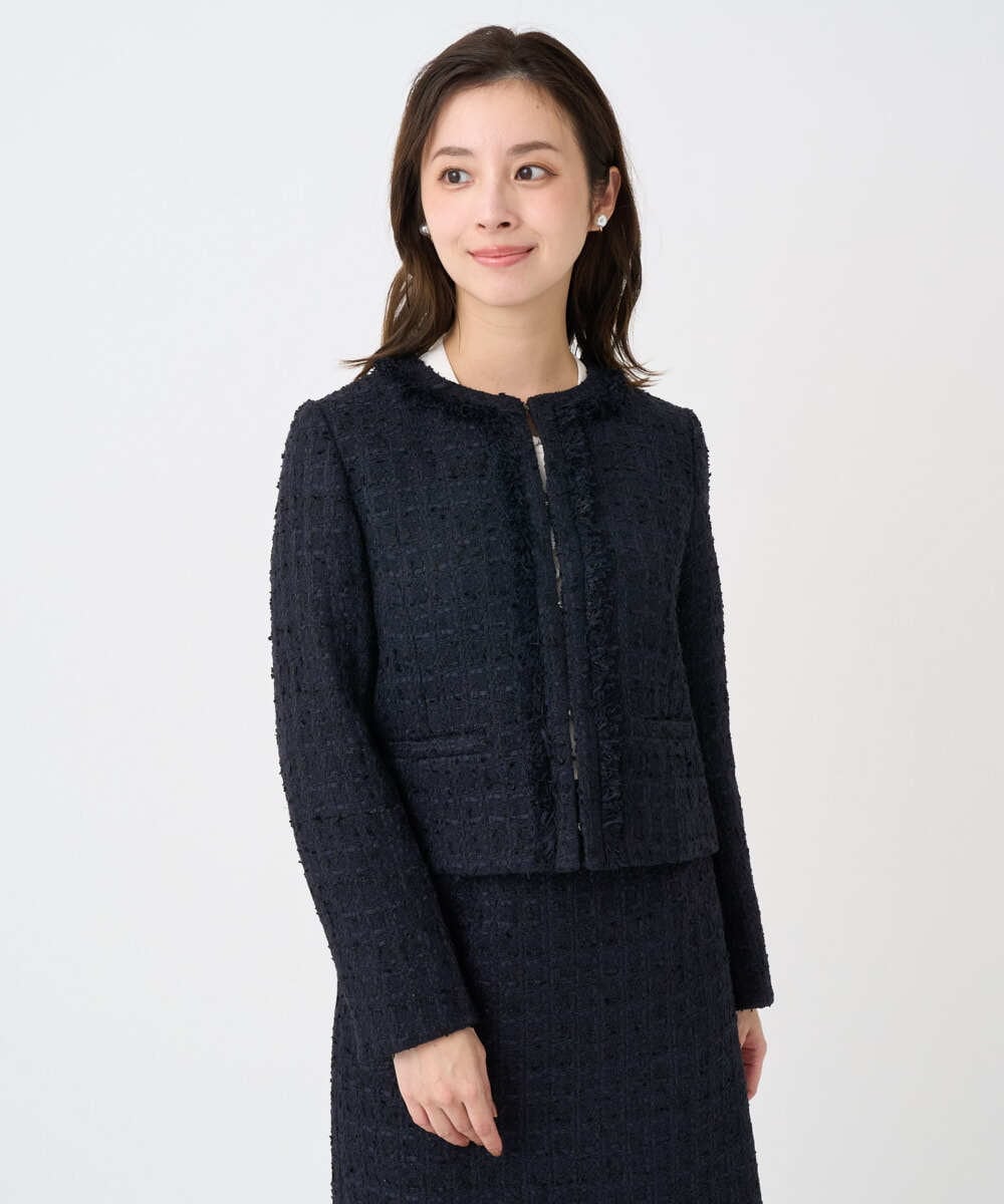 F1DFD65330 MK MICHEL KLEIN(小さいサイズ)(メゾン ドゥ サンク) 【小さいサイズ】ノーカラーファンシーツイードジャケット/セットアップ対応/洗える アイボリー