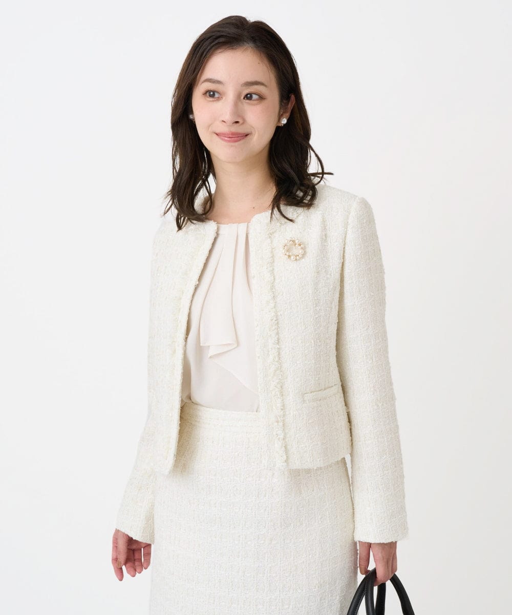 F1DFD65330 MK MICHEL KLEIN(小さいサイズ)(メゾン ドゥ サンク) 【小さいサイズ】ノーカラーファンシーツイードジャケット/セットアップ対応/洗える アイボリー