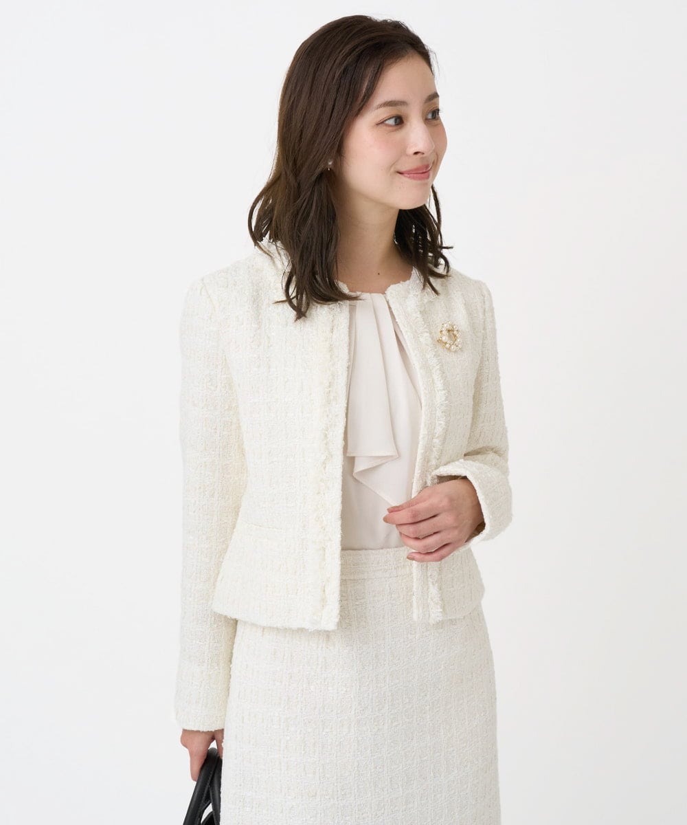 F1DFD65330 MK MICHEL KLEIN(小さいサイズ)(メゾン ドゥ サンク) 【小さいサイズ】ノーカラーファンシーツイードジャケット/セットアップ対応/洗える アイボリー