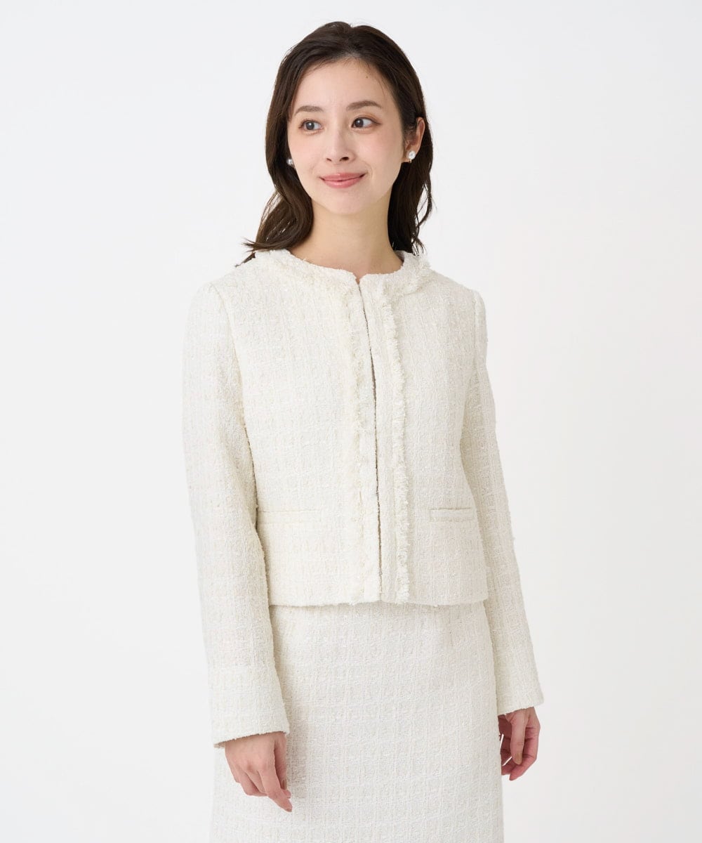 F1DFD65330 MK MICHEL KLEIN(小さいサイズ)(メゾン ドゥ サンク) 【小さいサイズ】ノーカラーファンシーツイードジャケット/セットアップ対応/洗える アイボリー