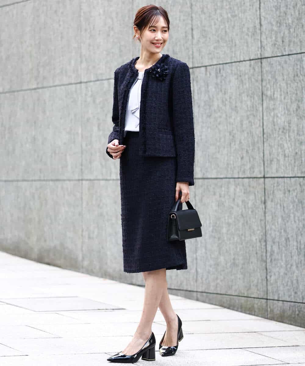 F1DFD65330 MK MICHEL KLEIN(小さいサイズ)(メゾン ドゥ サンク) 【小さいサイズ】ノーカラーファンシーツイードジャケット/セットアップ対応/洗える アイボリー