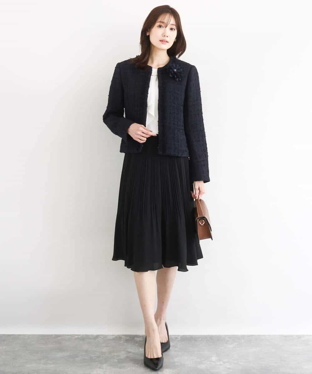 F1DFD65330 MK MICHEL KLEIN(小さいサイズ)(メゾン ドゥ サンク) 【小さいサイズ】ノーカラーファンシーツイードジャケット/セットアップ対応/洗える アイボリー