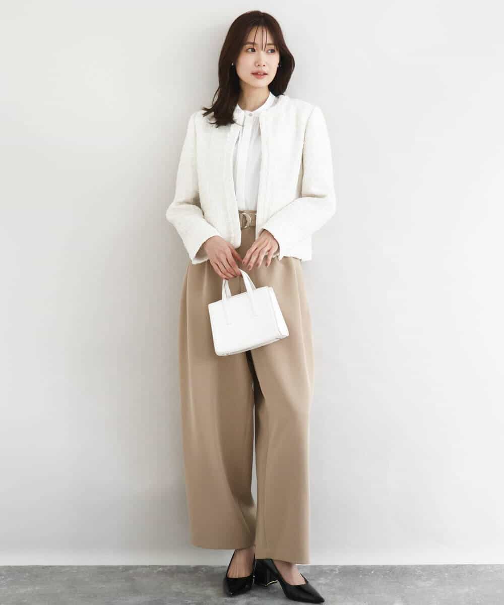 F1DFD65330 MK MICHEL KLEIN(小さいサイズ)(メゾン ドゥ サンク) 【小さいサイズ】ノーカラーファンシーツイードジャケット/セットアップ対応/洗える アイボリー