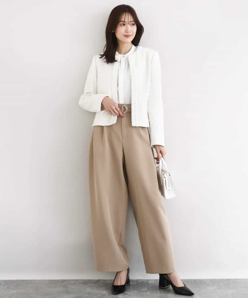 F1DFD65330 MK MICHEL KLEIN(小さいサイズ)(メゾン ドゥ サンク) 【小さいサイズ】ノーカラーファンシーツイードジャケット/セットアップ対応/洗える アイボリー