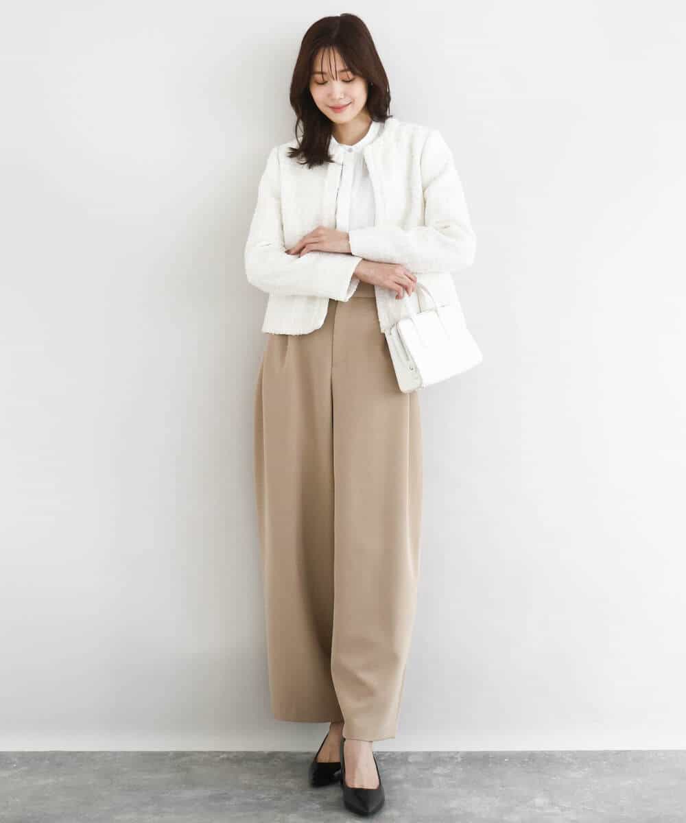 F1DFD65330 MK MICHEL KLEIN(小さいサイズ)(メゾン ドゥ サンク) 【小さいサイズ】ノーカラーファンシーツイードジャケット/セットアップ対応/洗える アイボリー