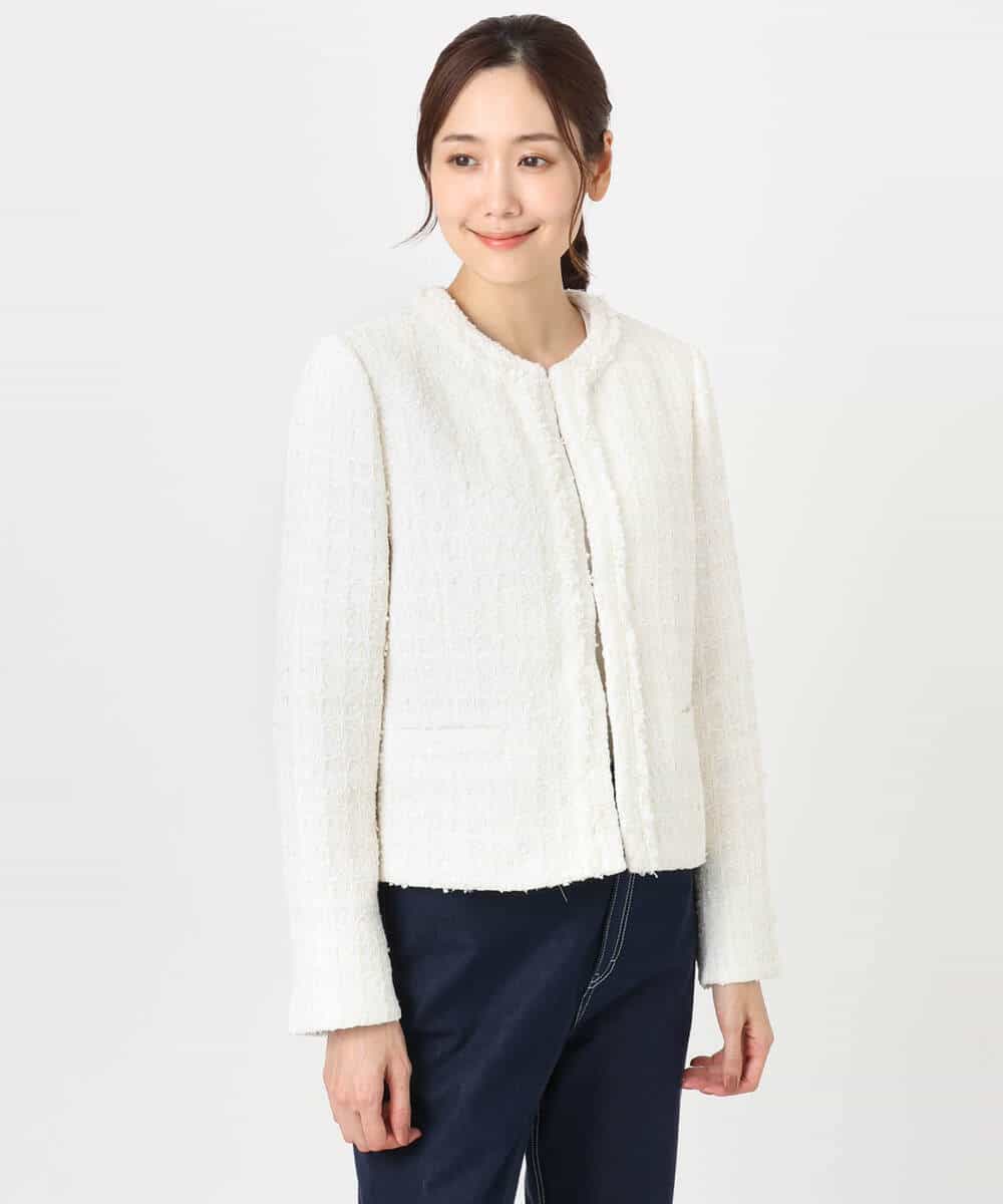 F1DFD65330 MK MICHEL KLEIN(小さいサイズ)(メゾン ドゥ サンク) 【小さいサイズ】ノーカラーファンシーツイードジャケット/セットアップ対応/洗える アイボリー