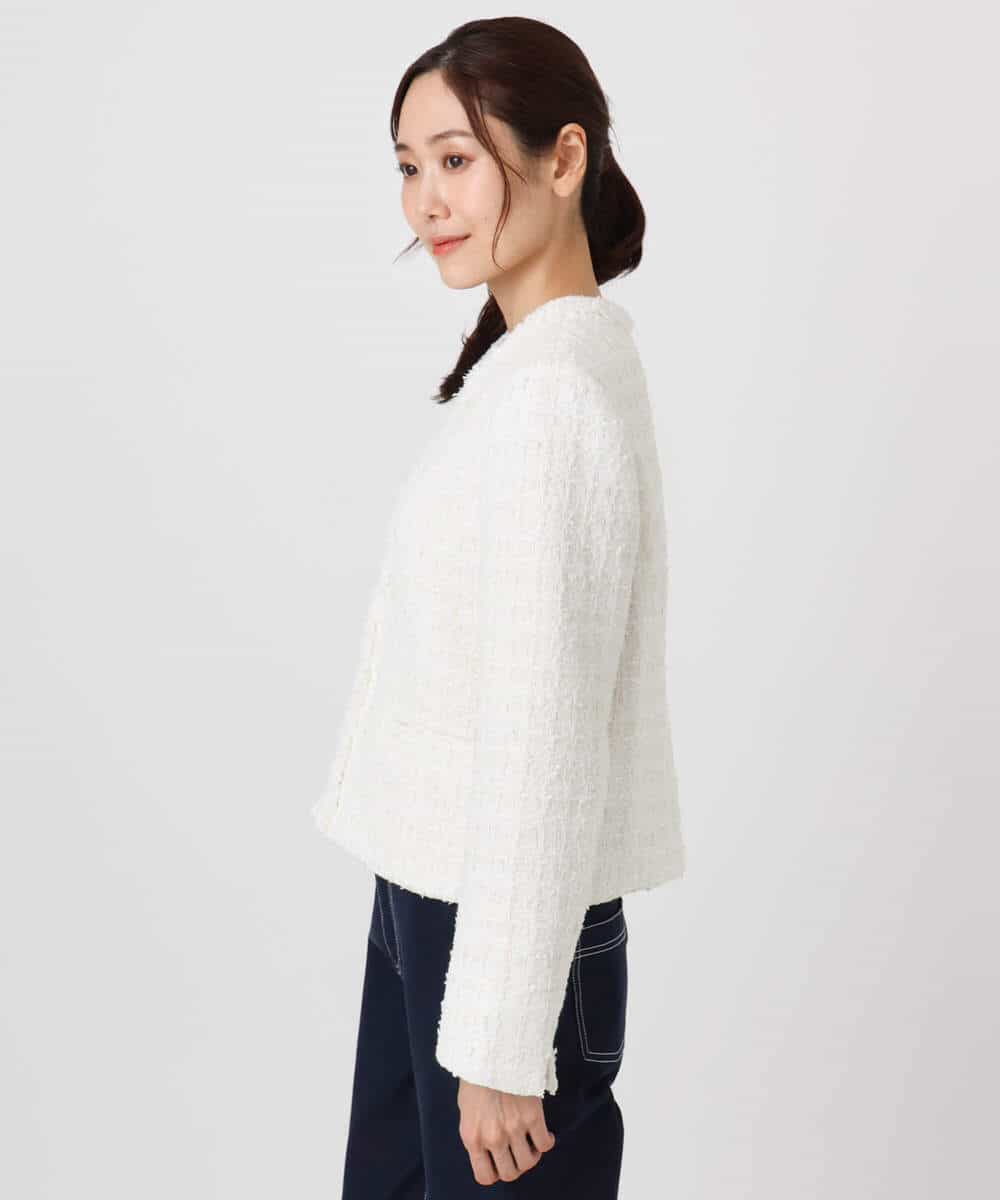 F1DFD65330 MK MICHEL KLEIN(小さいサイズ)(メゾン ドゥ サンク) 【小さいサイズ】ノーカラーファンシーツイードジャケット/セットアップ対応/洗える アイボリー