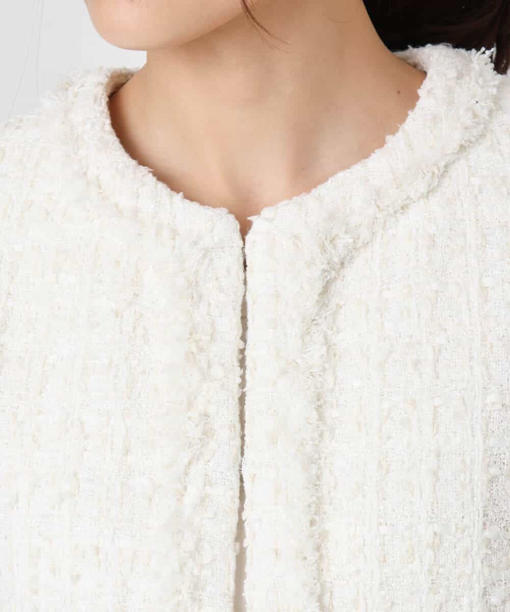 F1DFD65330 MK MICHEL KLEIN(小さいサイズ)(メゾン ドゥ サンク) 【小さいサイズ】ノーカラーファンシーツイードジャケット/セットアップ対応/洗える アイボリー