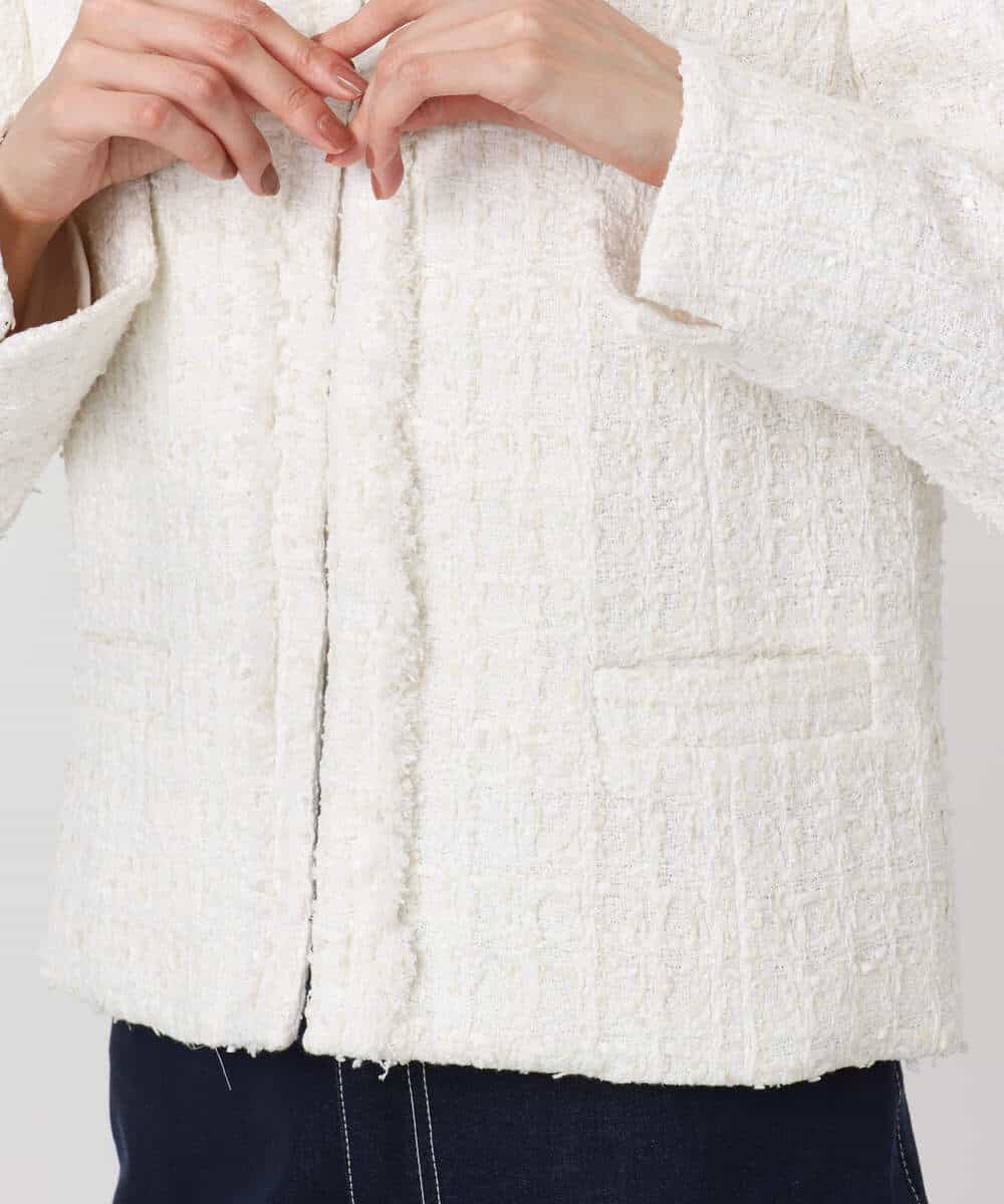 F1DFD65330 MK MICHEL KLEIN(小さいサイズ)(メゾン ドゥ サンク) 【小さいサイズ】ノーカラーファンシーツイードジャケット/セットアップ対応/洗える アイボリー