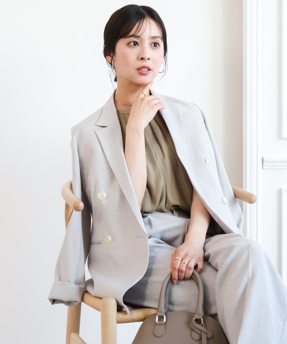 F1DGD46240 MK MICHEL KLEIN(小さいサイズ)(メゾン ドゥ サンク) 【小さいサイズ】バイオヴィンテージツイル ダブルブレストジャケット/接触冷感/UVカット/速乾/洗える グレージュ
