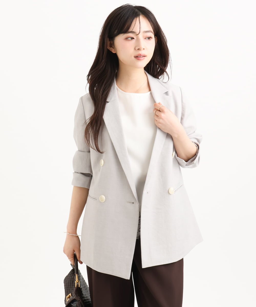 F1DGD46240 MK MICHEL KLEIN(小さいサイズ)(メゾン ドゥ サンク) 【小さいサイズ】バイオヴィンテージツイル ダブルブレストジャケット/接触冷感/UVカット/速乾/洗える グレージュ