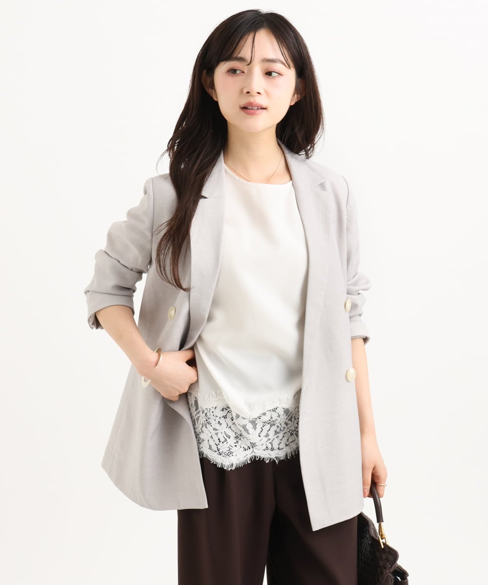 F1DGD46240 MK MICHEL KLEIN(小さいサイズ)(メゾン ドゥ サンク) 【小さいサイズ】バイオヴィンテージツイル ダブルブレストジャケット/接触冷感/UVカット/速乾/洗える グレージュ