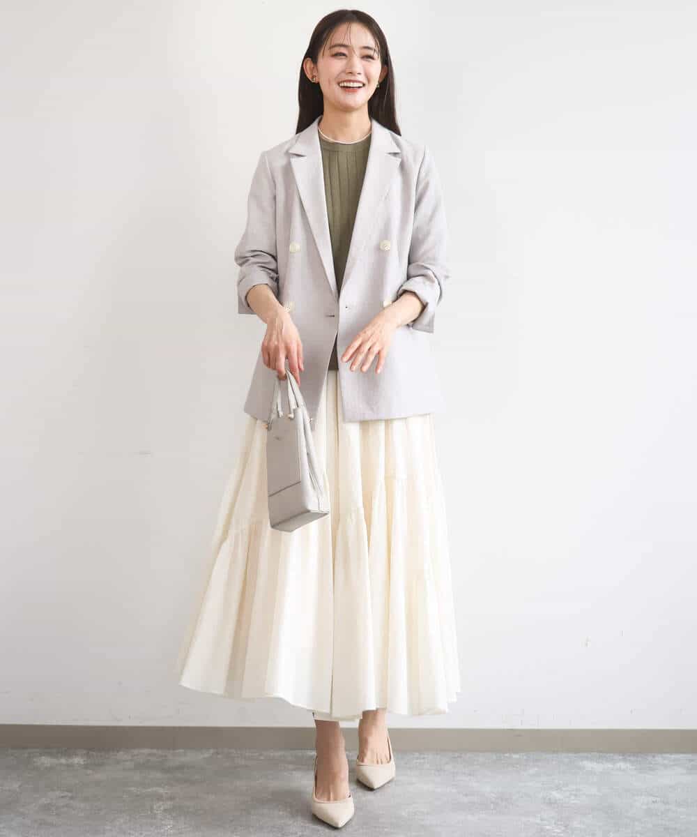 F1DGD46240 MK MICHEL KLEIN(小さいサイズ)(メゾン ドゥ サンク) 【小さいサイズ】バイオヴィンテージツイル ダブルブレストジャケット/接触冷感/UVカット/速乾/洗える グレージュ