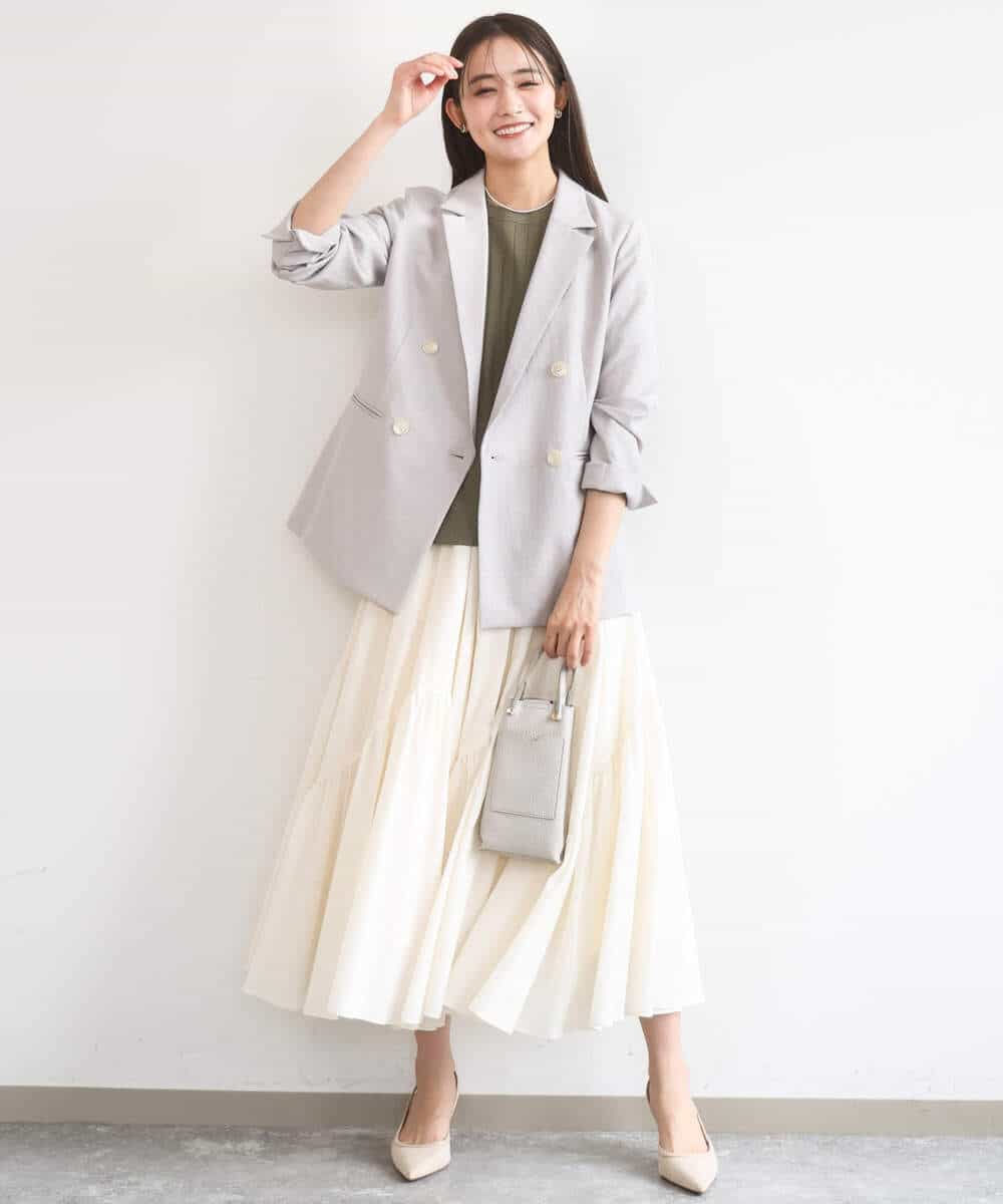 F1DGD46240 MK MICHEL KLEIN(小さいサイズ)(メゾン ドゥ サンク) 【小さいサイズ】バイオヴィンテージツイル ダブルブレストジャケット/接触冷感/UVカット/速乾/洗える グレージュ