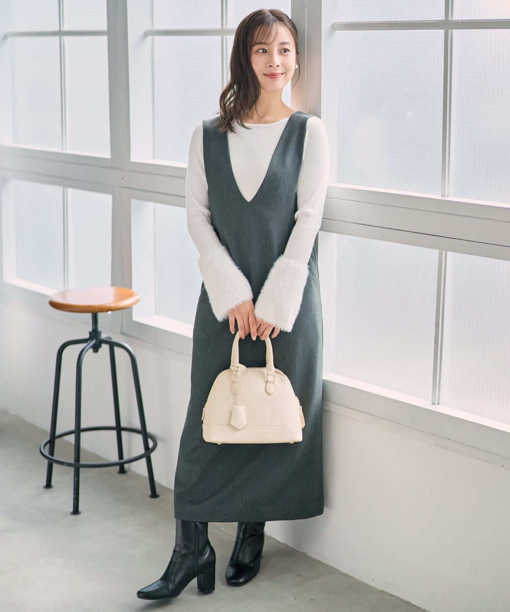 F1EAD41200 MK MICHEL KLEIN(小さいサイズ)(メゾン ドゥ サンク) 【小さいサイズ】ウールライクVネックジャンパースカート/洗える ベージュ