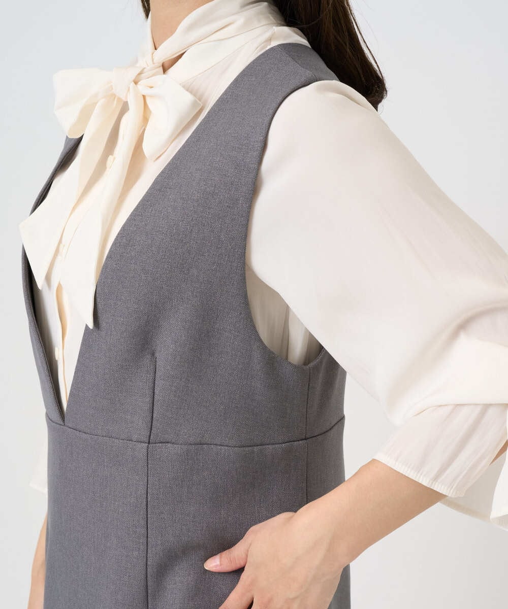 F1EBD51230 MK MICHEL KLEIN(小さいサイズ)(メゾン ドゥ サンク) 【小さいサイズ】ウールライク Vネックジャンパースカート/洗える グレー