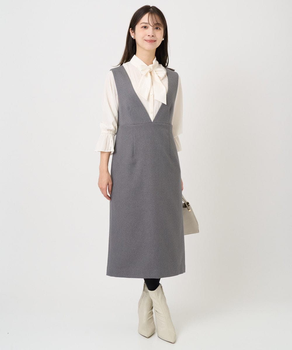 F1EBD51230 MK MICHEL KLEIN(小さいサイズ)(メゾン ドゥ サンク) 【小さいサイズ】ウールライク Vネックジャンパースカート/洗える グレー