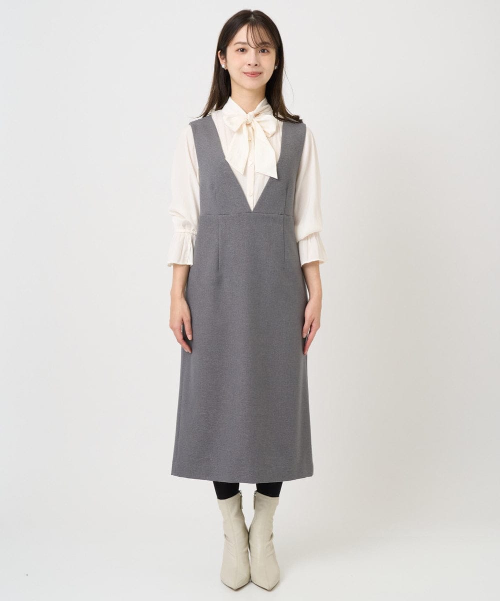 F1EBD51230 MK MICHEL KLEIN(小さいサイズ)(メゾン ドゥ サンク) 【小さいサイズ】ウールライク Vネックジャンパースカート/洗える グレー