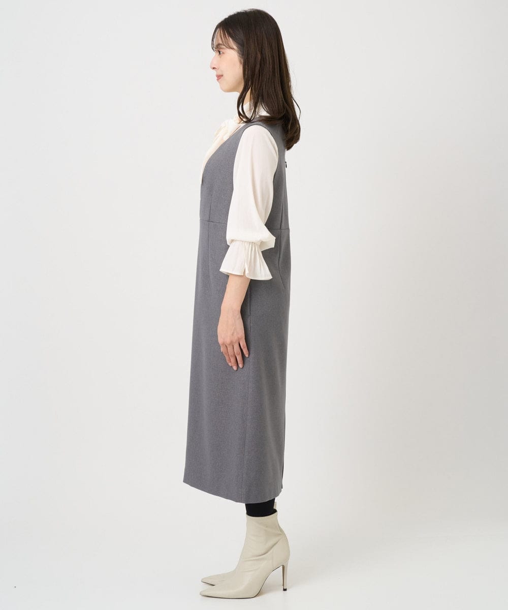 F1EBD51230 MK MICHEL KLEIN(小さいサイズ)(メゾン ドゥ サンク) 【小さいサイズ】ウールライク Vネックジャンパースカート/洗える グレー