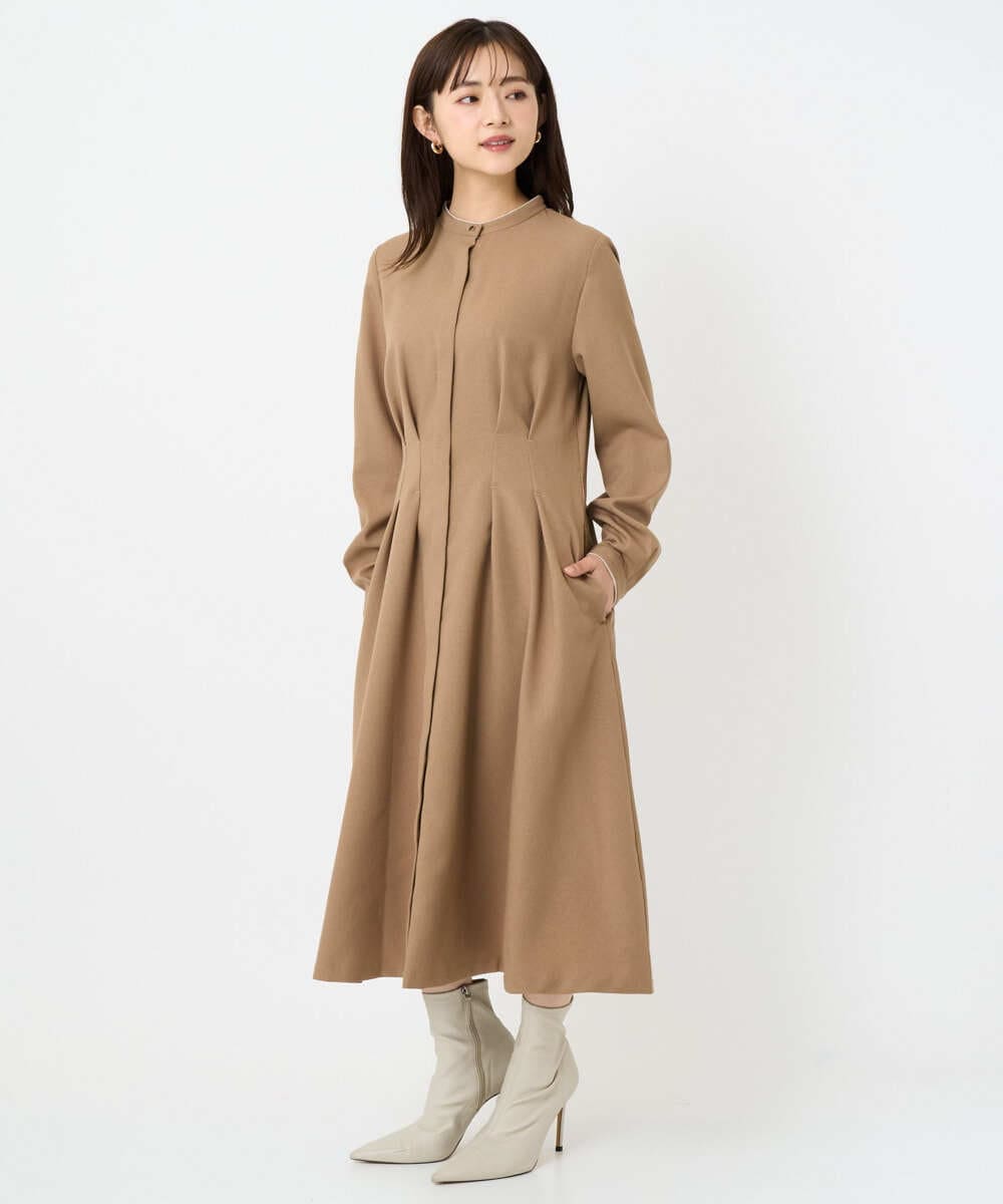 F1EBD57230 MK MICHEL KLEIN(小さいサイズ)(メゾン ドゥ サンク) 【小さいサイズ】ウエストタックデザインワンピース/洗濯機で洗える キャメル