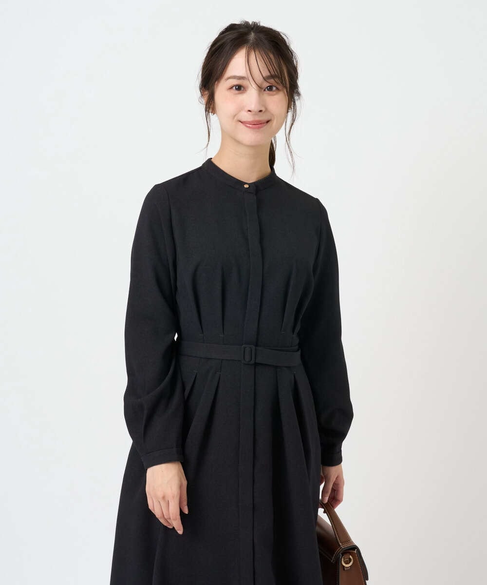 F1EBD57230 MK MICHEL KLEIN(小さいサイズ)(メゾン ドゥ サンク) 【小さいサイズ】ウエストタックデザインワンピース/洗濯機で洗える キャメル