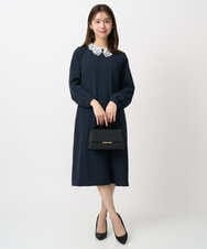 F1EFD13230 MK MICHEL KLEIN(小さいサイズ)(メゾン ドゥ サンク) 【小さいサイズ】レース襟付きサックワンピース/防シワ/洗える ネイビー