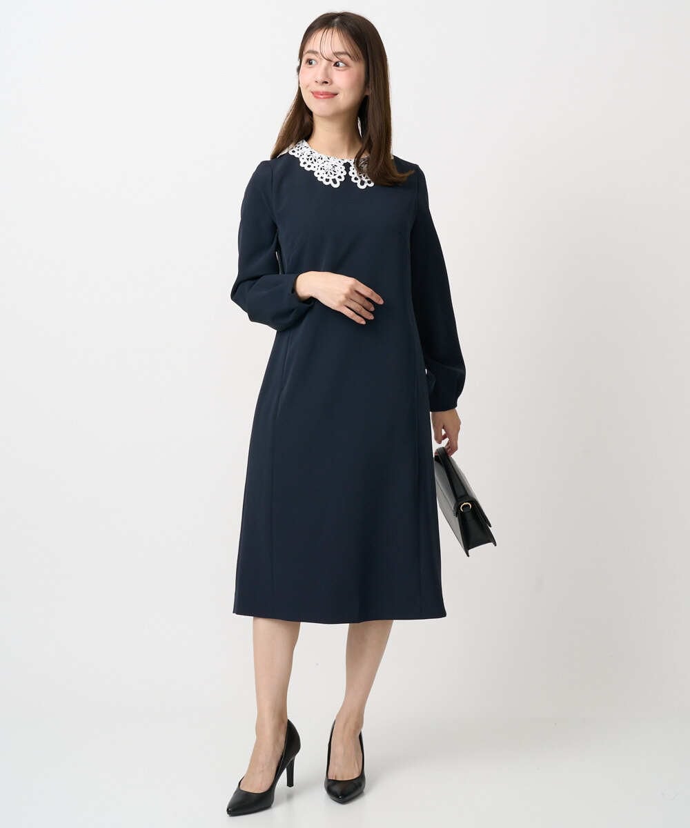 小さいサイズ】レース襟付きサックワンピース/防シワ/洗える