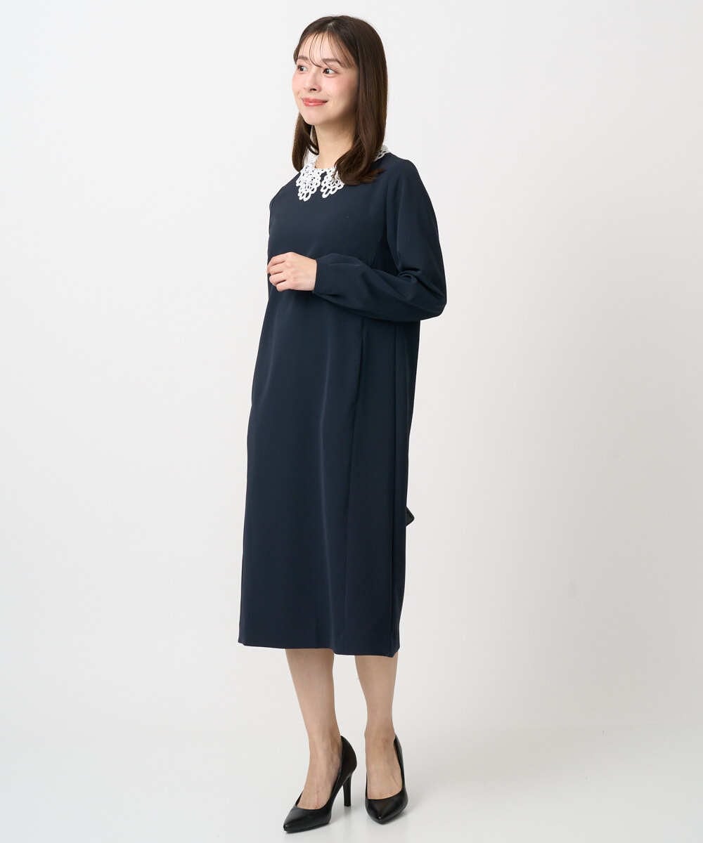 F1EFD13230 MK MICHEL KLEIN(小さいサイズ)(メゾン ドゥ サンク) 【小さいサイズ】レース襟付きサックワンピース/防シワ/洗える ネイビー