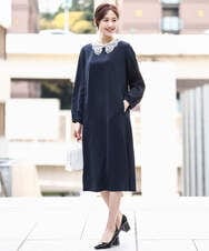 F1EFD13230 MK MICHEL KLEIN(小さいサイズ)(メゾン ドゥ サンク) 【小さいサイズ】レース襟付きサックワンピース/防シワ/洗える ネイビー