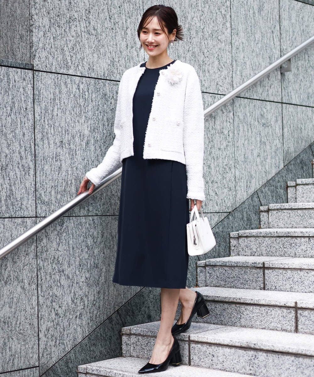 F1EFD13230 MK MICHEL KLEIN(小さいサイズ)(メゾン ドゥ サンク) 【小さいサイズ】レース襟付きサックワンピース/防シワ/洗える ネイビー