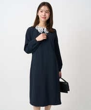 F1EFD13230 MK MICHEL KLEIN(小さいサイズ)(メゾン ドゥ サンク) 【小さいサイズ】レース襟付きサックワンピース/防シワ/洗える ネイビー