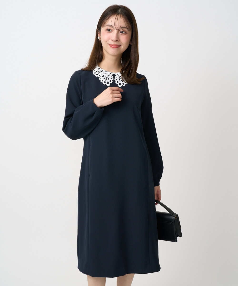 F1EFD13230 MK MICHEL KLEIN(小さいサイズ)(メゾン ドゥ サンク) 【小さいサイズ】レース襟付きサックワンピース/防シワ/洗える ネイビー