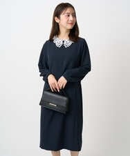 F1EFD13230 MK MICHEL KLEIN(小さいサイズ)(メゾン ドゥ サンク) 【小さいサイズ】レース襟付きサックワンピース/防シワ/洗える ネイビー