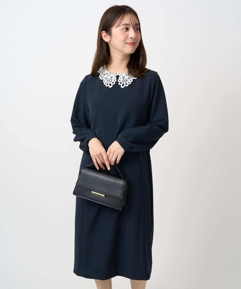 小さいサイズ】レース襟付きサックワンピース/防シワ/洗える