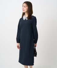 F1EFD13230 MK MICHEL KLEIN(小さいサイズ)(メゾン ドゥ サンク) 【小さいサイズ】レース襟付きサックワンピース/防シワ/洗える ネイビー