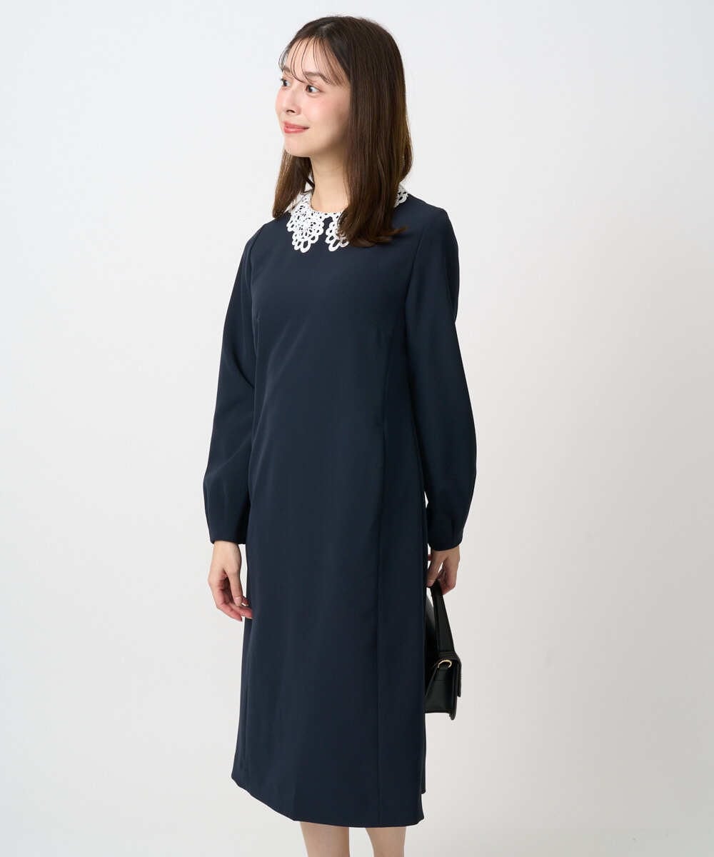 小さいサイズ】レース襟付きサックワンピース/防シワ/洗える