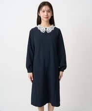 F1EFD13230 MK MICHEL KLEIN(小さいサイズ)(メゾン ドゥ サンク) 【小さいサイズ】レース襟付きサックワンピース/防シワ/洗える ネイビー