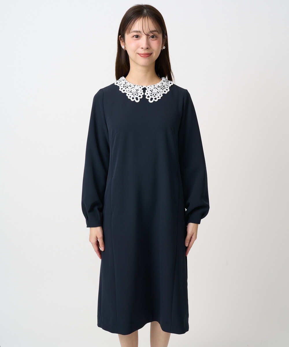 小さいサイズ】レース襟付きサックワンピース/防シワ/洗える