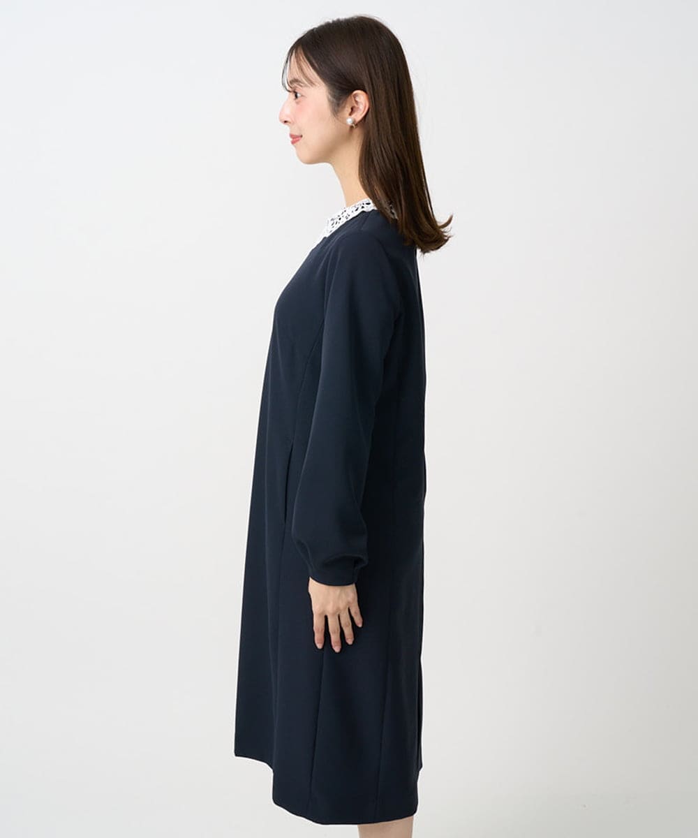 F1EFD13230 MK MICHEL KLEIN(小さいサイズ)(メゾン ドゥ サンク) 【小さいサイズ】レース襟付きサックワンピース/防シワ/洗える ネイビー