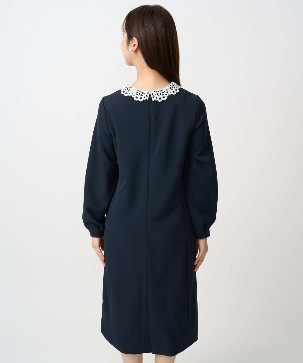 F1EFD13230 MK MICHEL KLEIN(小さいサイズ)(メゾン ドゥ サンク) 【小さいサイズ】レース襟付きサックワンピース/防シワ/洗える ネイビー