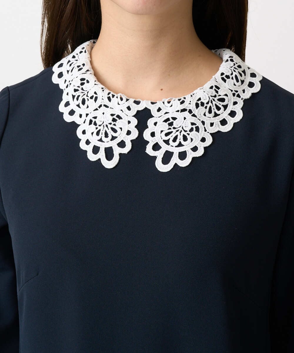 F1EFD13230 MK MICHEL KLEIN(小さいサイズ)(メゾン ドゥ サンク) 【小さいサイズ】レース襟付きサックワンピース/防シワ/洗える ネイビー