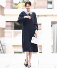 F1EFD13230 MK MICHEL KLEIN(小さいサイズ)(メゾン ドゥ サンク) 【小さいサイズ】レース襟付きサックワンピース/防シワ/洗える ネイビー