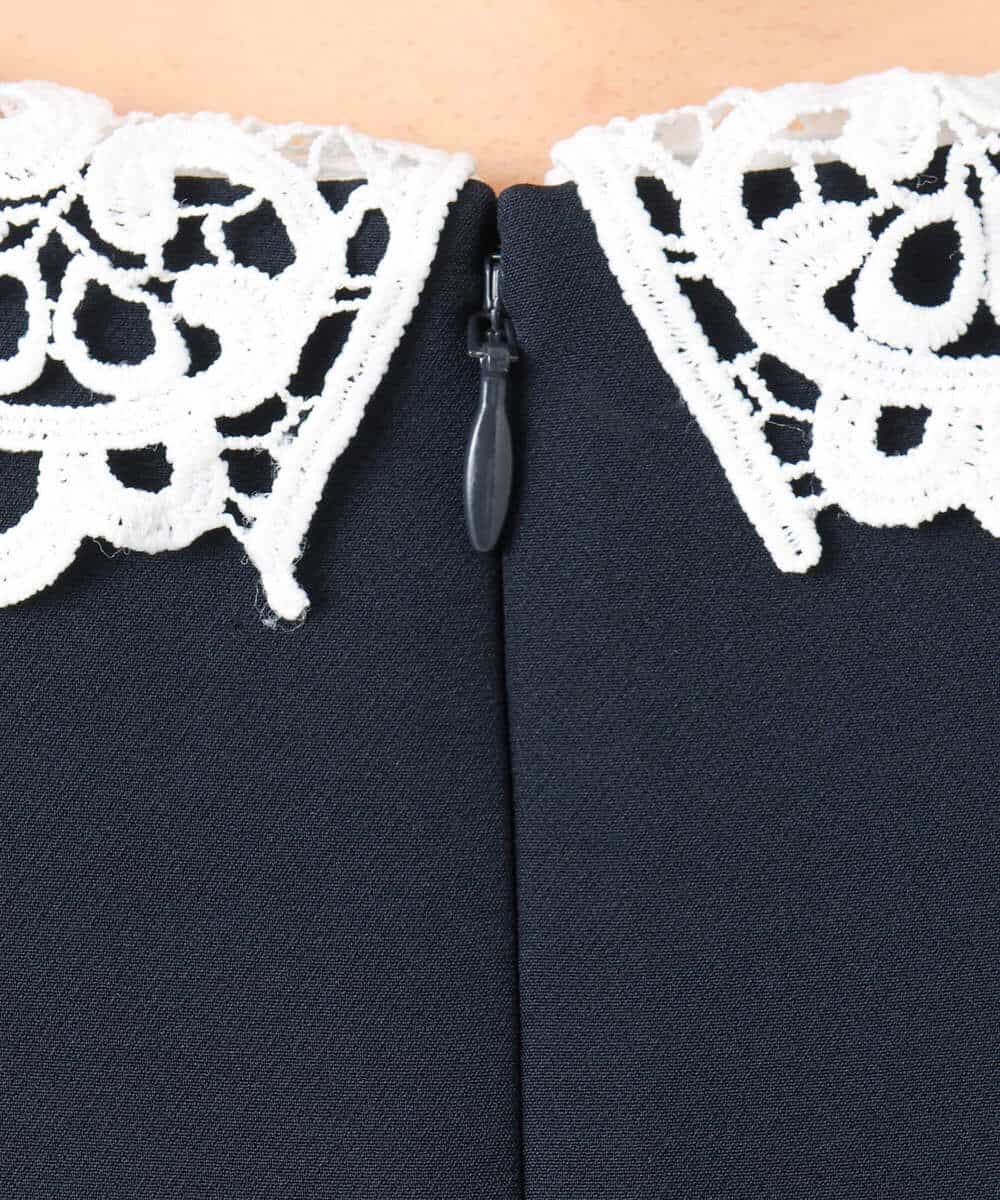 F1EFD13230 MK MICHEL KLEIN(小さいサイズ)(メゾン ドゥ サンク) 【小さいサイズ】レース襟付きサックワンピース/防シワ/洗える ネイビー